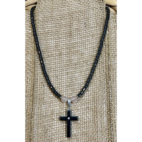 Hematite Stone Cross Pendant Necklace W/ Accent Rose Quartz Religious 16in - Picture 1 of 8